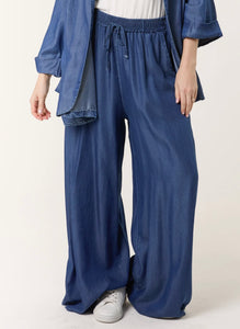 DENIM DRAWSTRING WIDE LEG TROUSERS