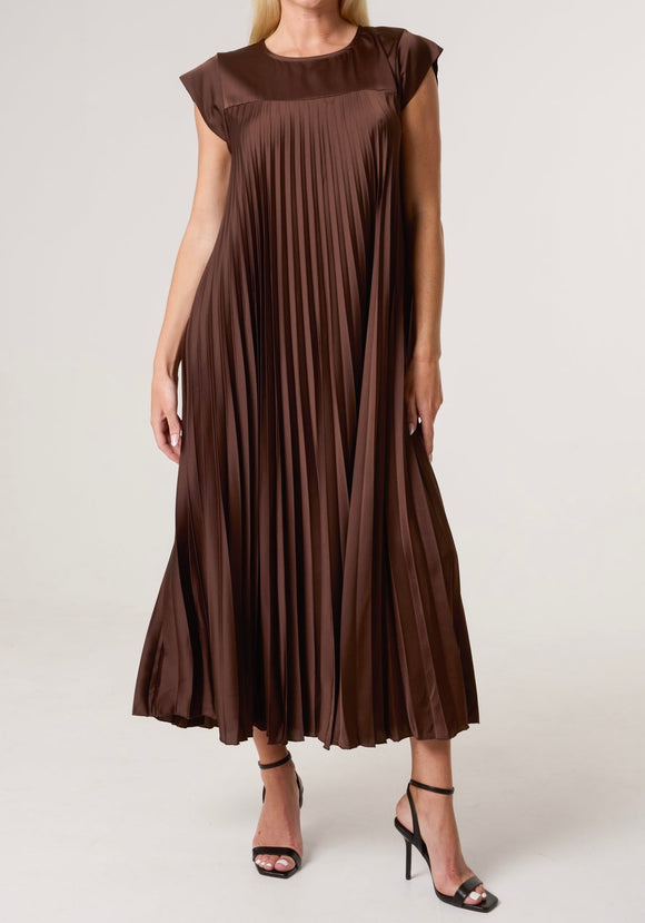 Chocolate CAP SLEEVE SATIN PLEATED MIDI DRESS