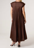 Chocolate CAP SLEEVE SATIN PLEATED MIDI DRESS