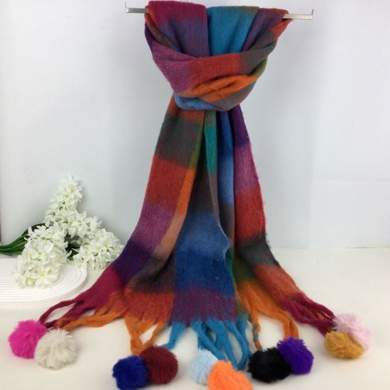 Chunky Scarf Check with Pom Pom Fushia Navy