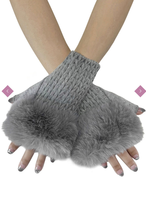 Glove Grey Plait Knit Faux Fur Fingerless