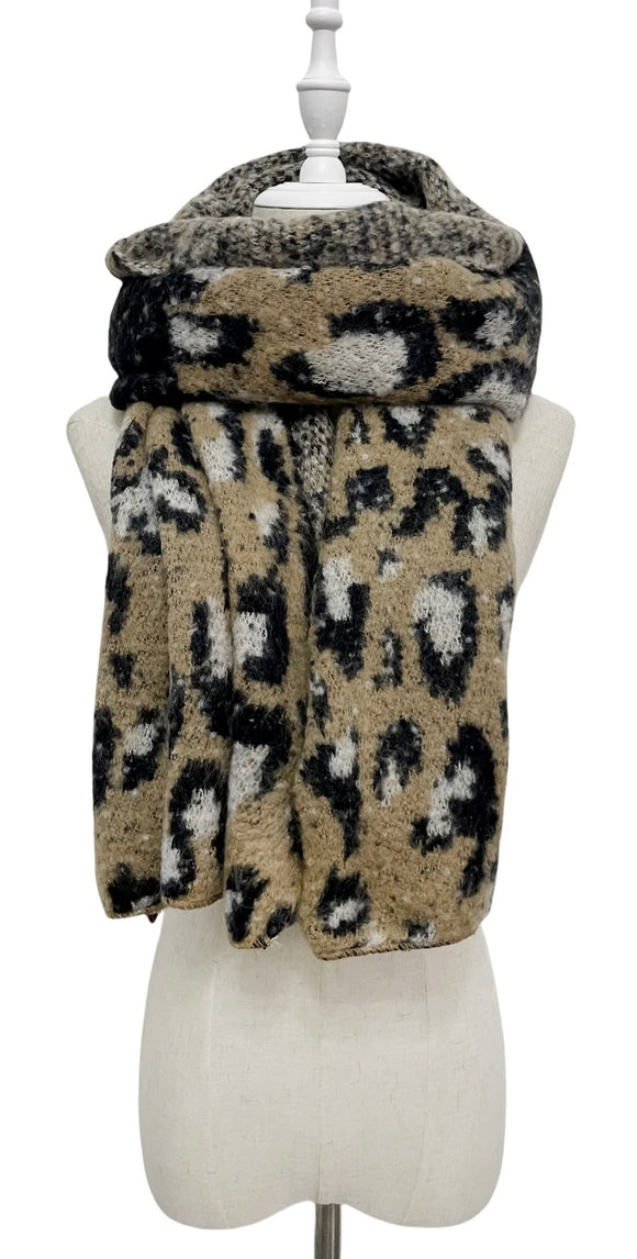 Chunky Scarf Tan Contrast Leopard Print Diagonal Edge Wool