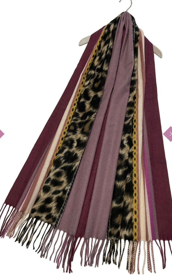 Chunky Scarf Purple Leopard Print & Stripe Tassel