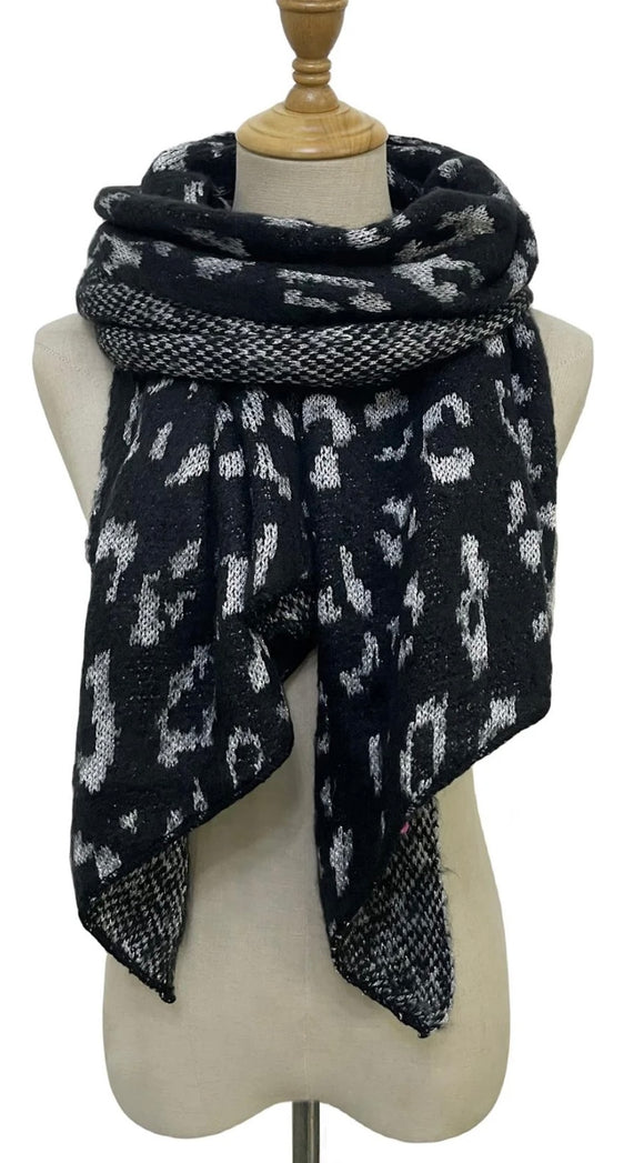 Chunky Scarf Black Leopard Print Metallic Thread Knitted Wool