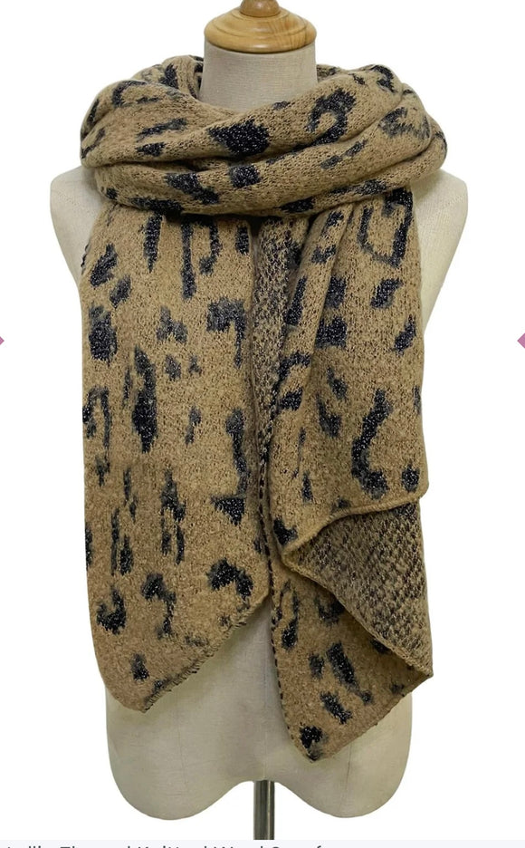 Chunky Scarf Tan Leopard Print Metallic Thread Knitted Wool