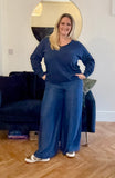 DENIM DRAWSTRING WIDE LEG TROUSERS
