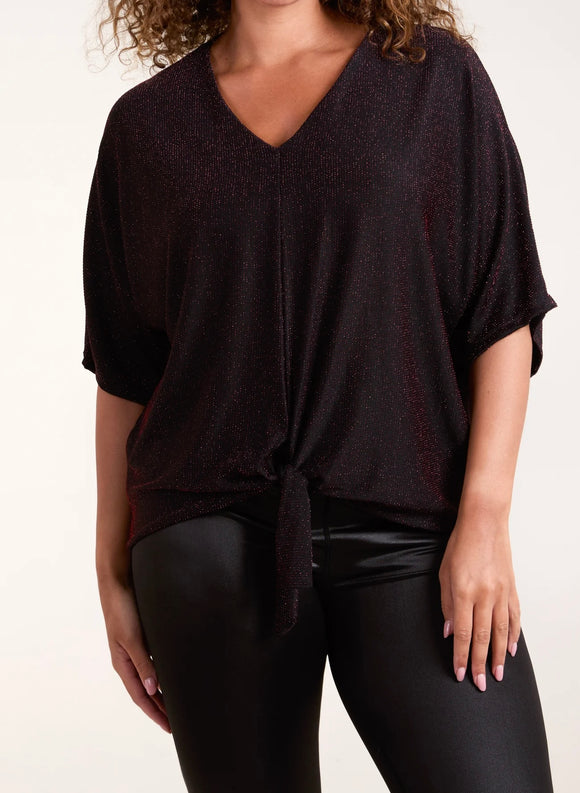 Wine Glitter Lurex Tie Front Blouse