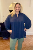 Navy Grandad Collar Smock Blouse