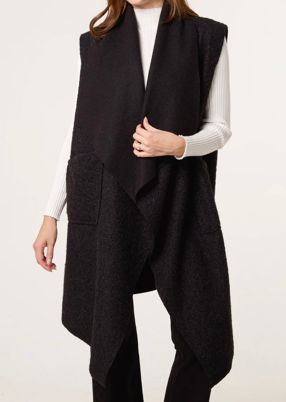 Black BOUCLE WATERFALL POCKETS VEST