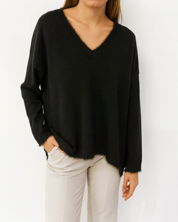 Black Soft Knit V Neck with Faux Fur Trim