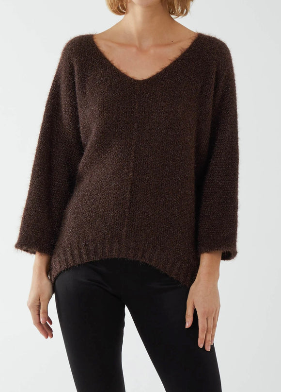 Chocolate FLUFFY V-NECK EXPOSED SEAMS JUMPER