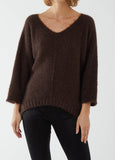Chocolate FLUFFY V-NECK EXPOSED SEAMS JUMPER