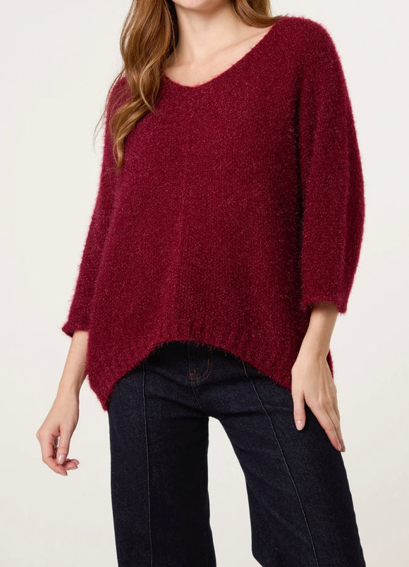 Wine FLUFFY V-NECK EXPOSED SEAMS JUMPER