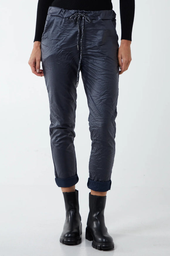 Navy MAGIC STRETCH PU COATED CRUSHED TROUSERS