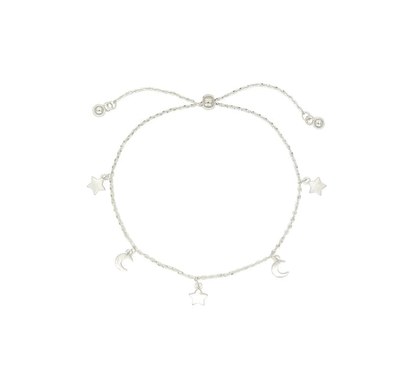 Bracelet Silver Brushed Stars & Moons Charm Slider Bracelet