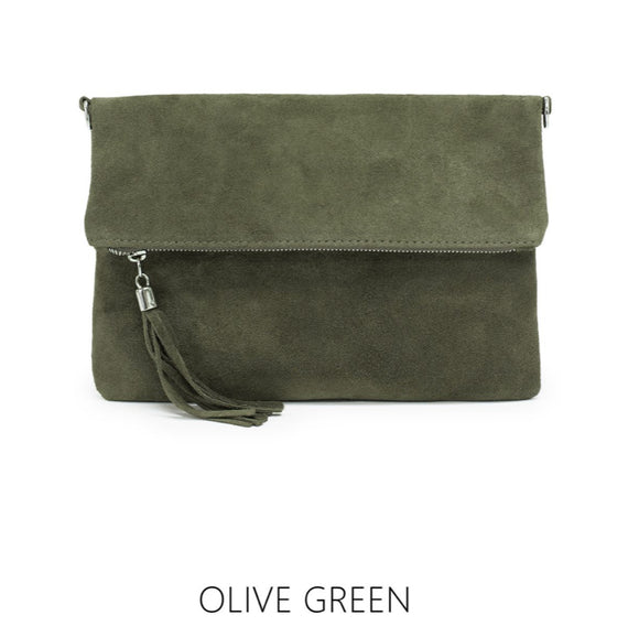 Bag Olive Green Foldover Plain Suede Leather Clutch
