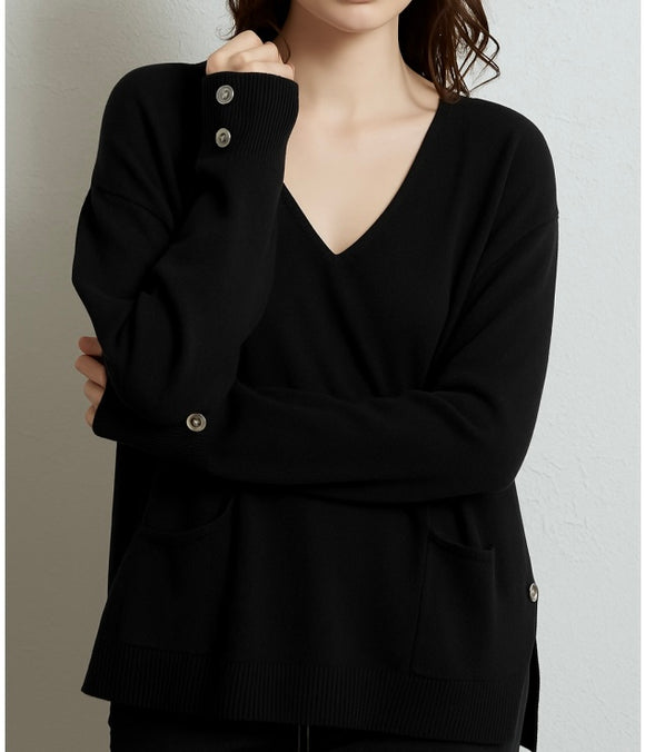 Black V Neck  with Button Cuff