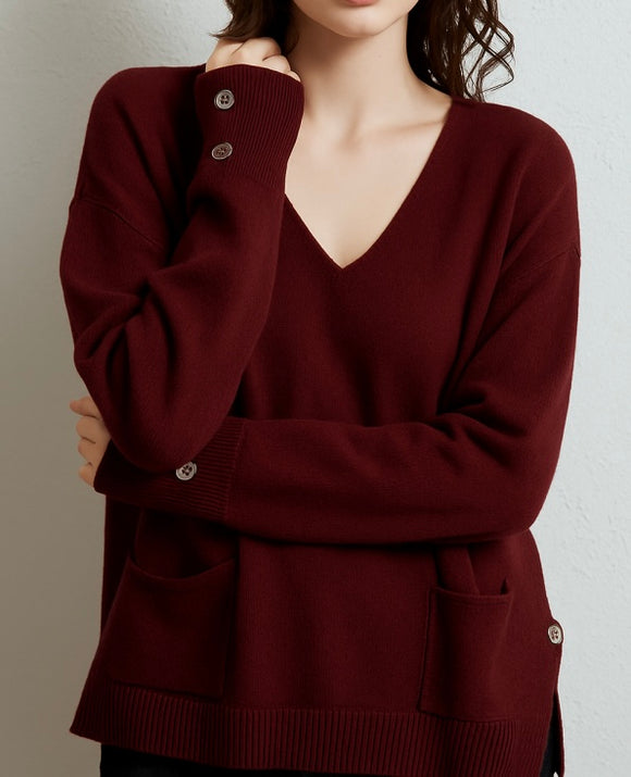 Wine V Neck  with Button Cuff