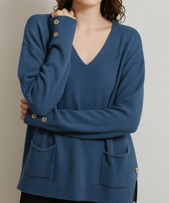 Denim Blue V Neck with Buttons