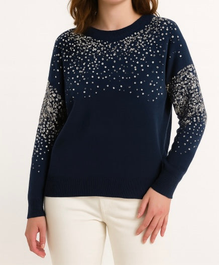 Navy Soft Knit with Round Neck & Sequins