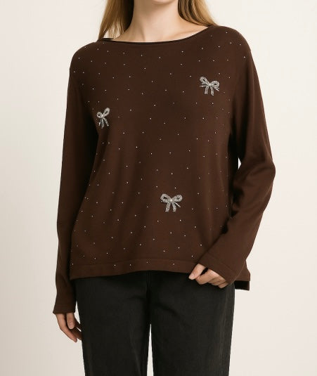 Chocolate Bow Rhinestone Soft Knit
