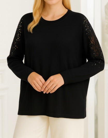 Black Soft Knit with Sleeve Embellished