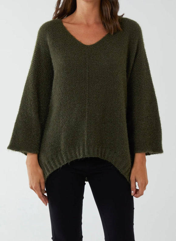 Khaki FLUFFY V-NECK EXPOSED SEAMS JUMPER