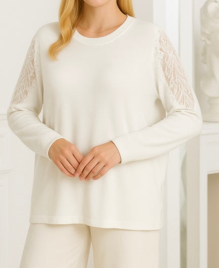 White Soft Knit with Sleeve Embellishment