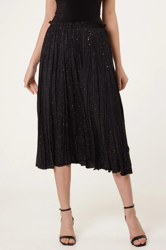 Black METALLIC GLITTER PLEATED MIDI SKIRT