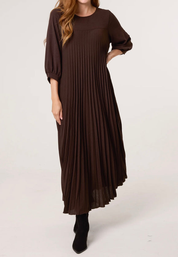 Chocolate LONG SLEEVE POCKETS PLEATED MAXI DRESS