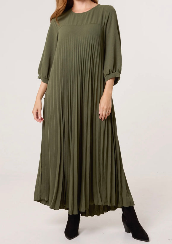 Khaki LONG SLEEVE POCKETS PLEATED MAXI DRESS
