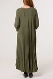 Khaki LONG SLEEVE POCKETS PLEATED MAXI DRESS