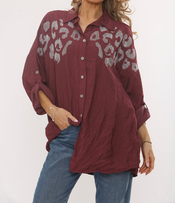 Wine DIAMANTE LEOPARD SHOULDER BUTTON-UP BLOUSE