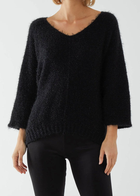 Black  FLUFFY V-NECK EXPOSED SEAMS JUMPER