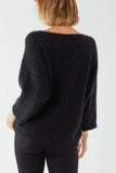 Black  FLUFFY V-NECK EXPOSED SEAMS JUMPER