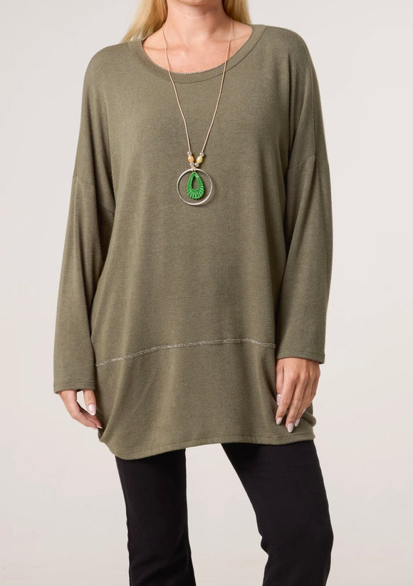 Khaki NECKLACE LUREX TRIM FINE KNIT JUMPER