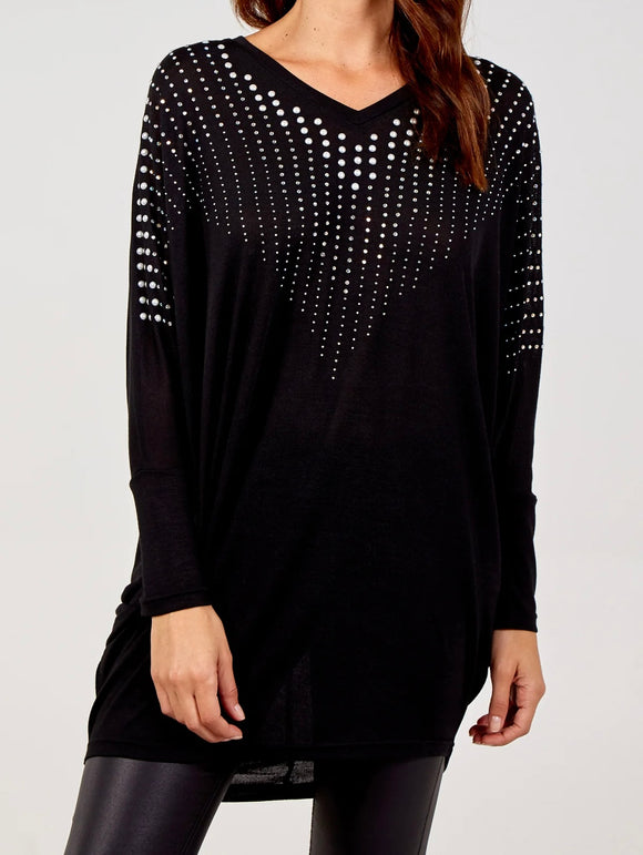 Black PEARL EMBELLISHED BATWING TOP
