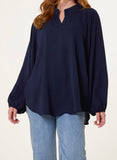 Navy COLLARLESS BALLOON SLEEVE BLOUSE