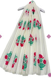Cream Floral Motif and Stripe Woven Cotton Frayed Scarf