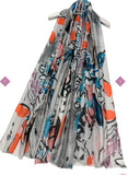 Grey Floral Sketch Print Frayed Scarf