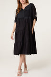 Black FLORAL EMBROIDERY & CROCHET TIERED DRESS