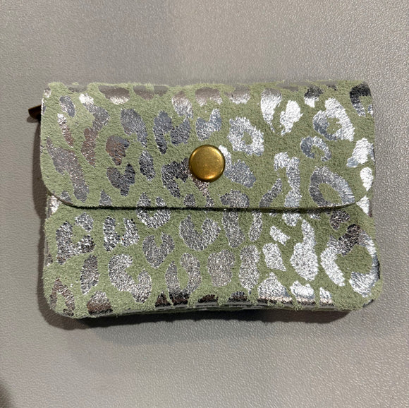 Purse Soft Sage Suede Leather Button Purse Leopard Foil