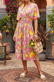 Pink LEMON PRINT GATHERED DRESS
