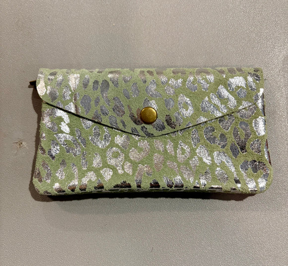 Purse Soft Sage Large Suede Leather Button Purse Leopard Foil