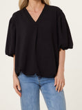 Black V-NECK PUFFED SLEEVE BLOUSE