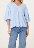 Soft Blue V-NECK PUFFED SLEEVE BLOUSE