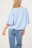 Soft Blue V-NECK PUFFED SLEEVE BLOUSE