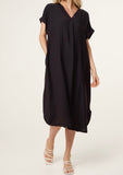 Black V-NECK FRONT CREASE CRINKLE MIDI DRESS