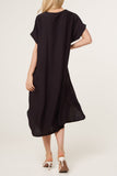 Black V-NECK FRONT CREASE CRINKLE MIDI DRESS