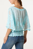 Aqua FLORAL LACE BUTTERFLY SLEEVE BLOUSE